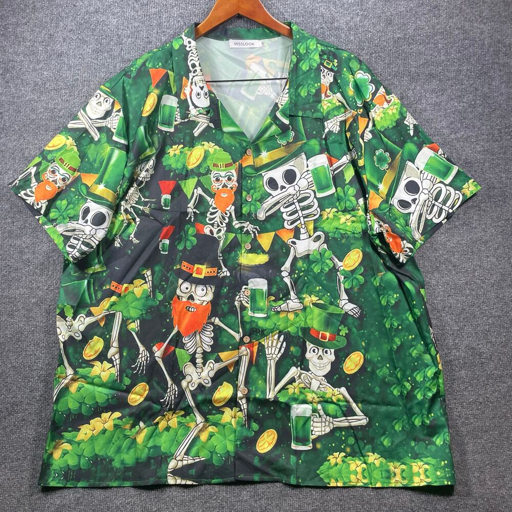 Misslook Button Up St. Patrick's Day Drunken Skeleton Shirt Men's 4XL Green Fun